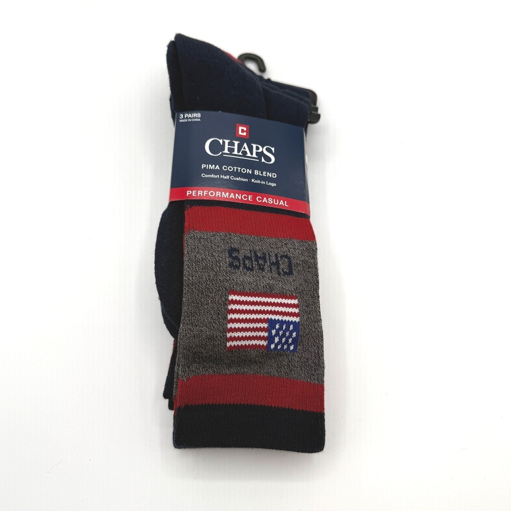 Chaps Crew Sock Mens 10-13 Blue‎ Red American Flag USA 3 Pack Performance NEW